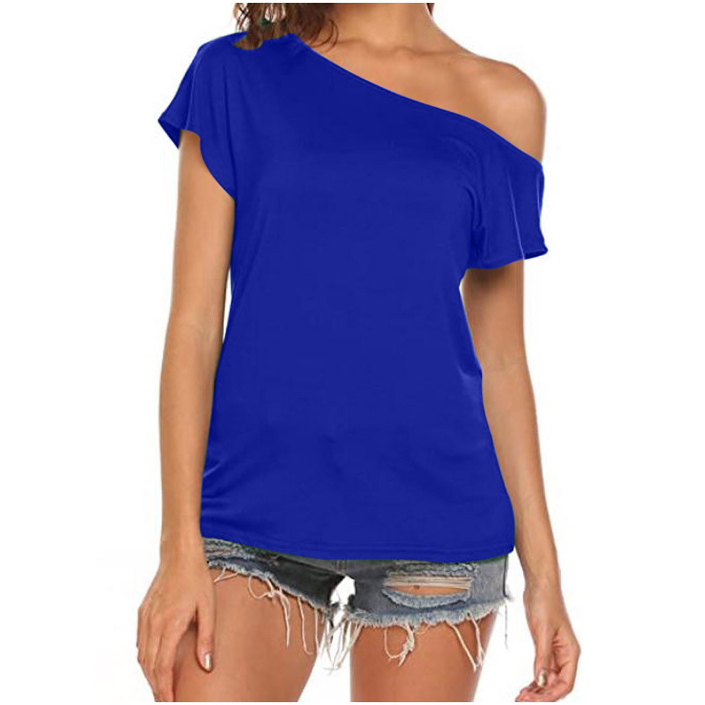 thumbnail image 2 of Camiseta de manga corta con hombros descubiertos para mujer: blusa informal de verano, 95 % mezcla de poliéster, lavable a máquina, tallas S-XXL, 2 of 2